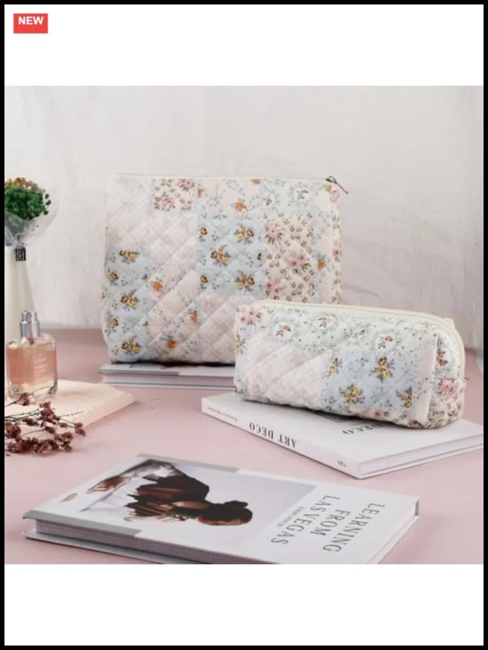 Quilted Cotton Makeup Bag Set - Floral Pouch Travel Organizer & Brush Holder